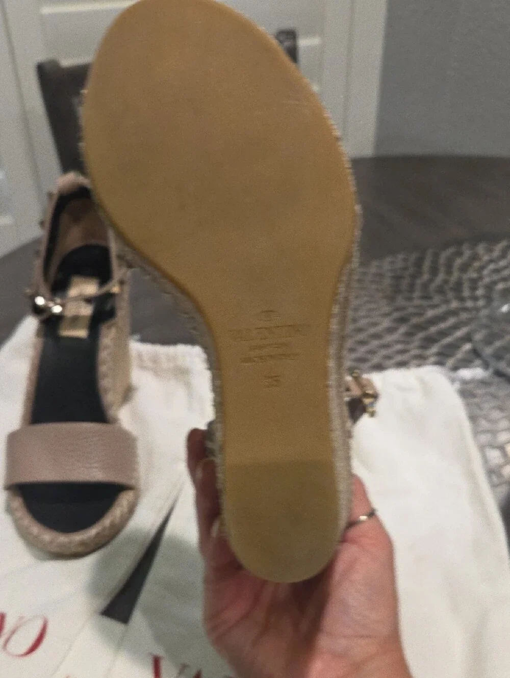 Valentino Beige Rockstud Espadrille Wedge Sandals